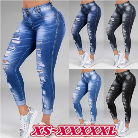 Ladies' Stretch Ripped Hole Jeans - Slim Fit