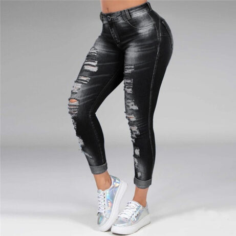 Ladies' Stretch Ripped Hole Jeans - Slim Fit - Image 3